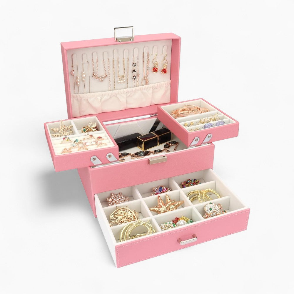Boîte à Bijoux Multifonction en Cuir avec Compartiments