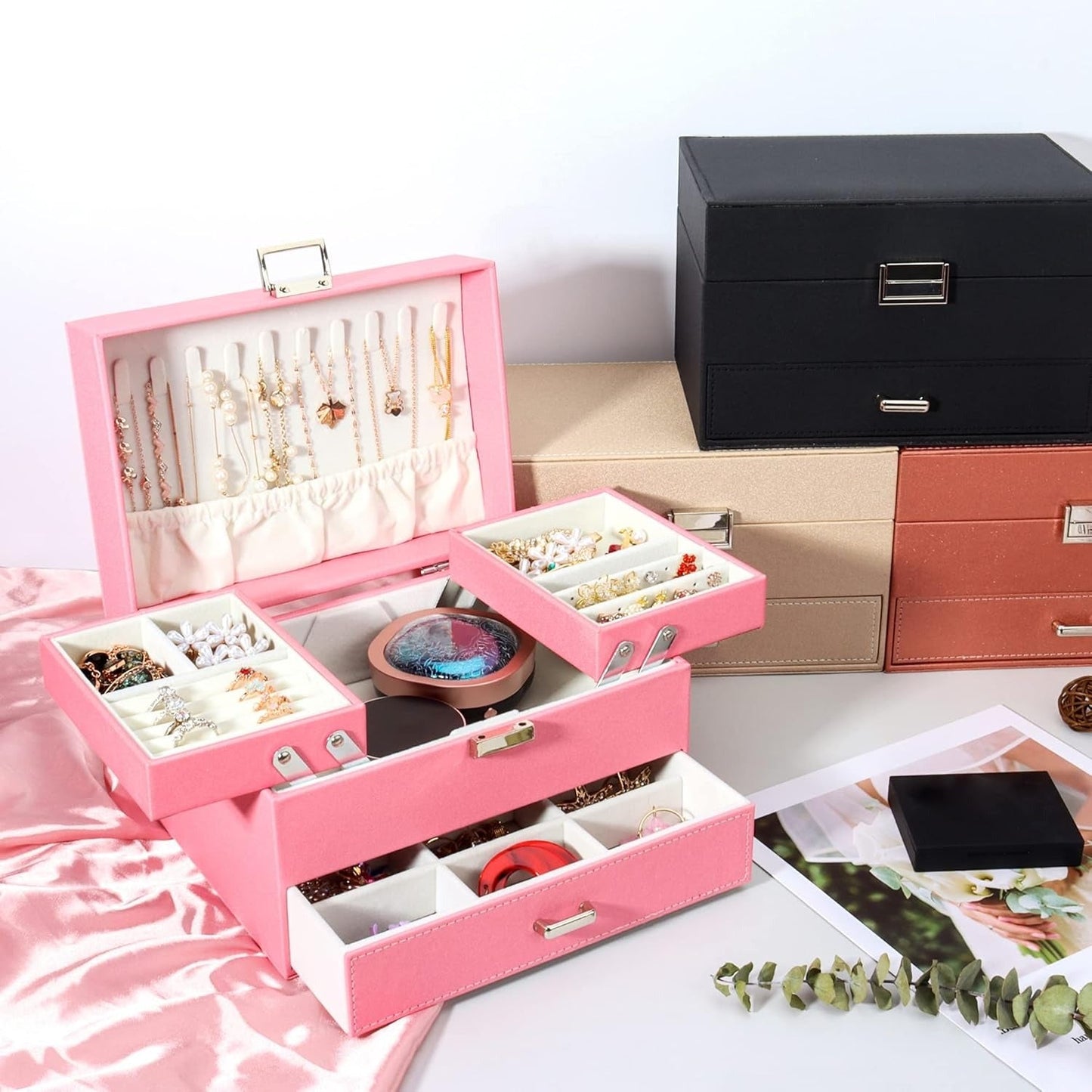 Boîte à Bijoux Multifonction en Cuir avec Compartiments