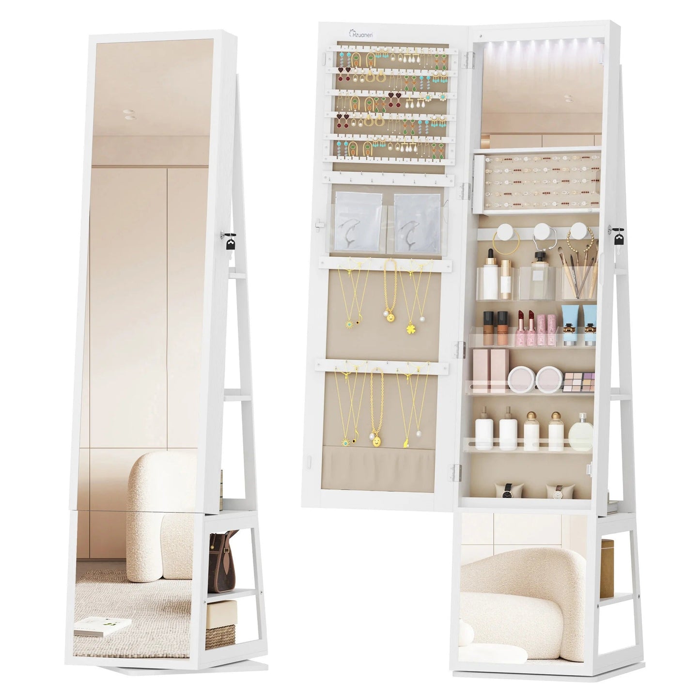 Armoire Bijoux Miroir LED Rotatif