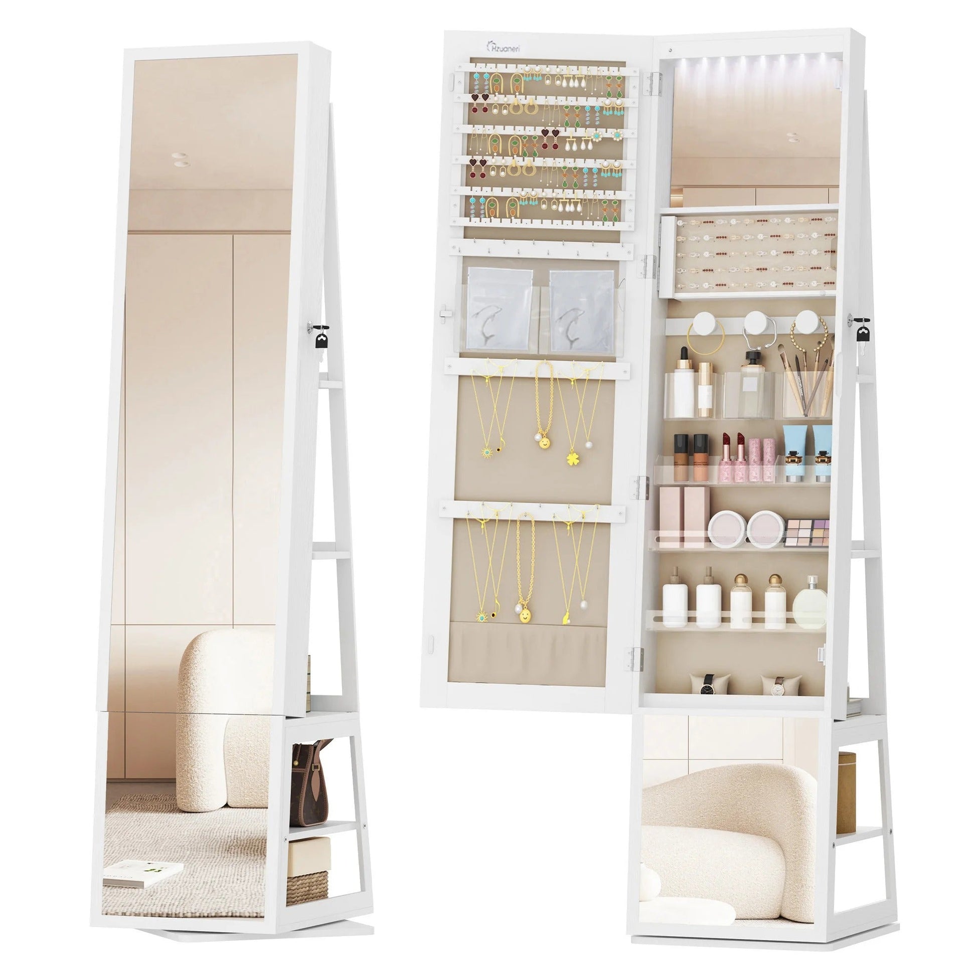 Armoire Bijoux Miroir LED Rotatif