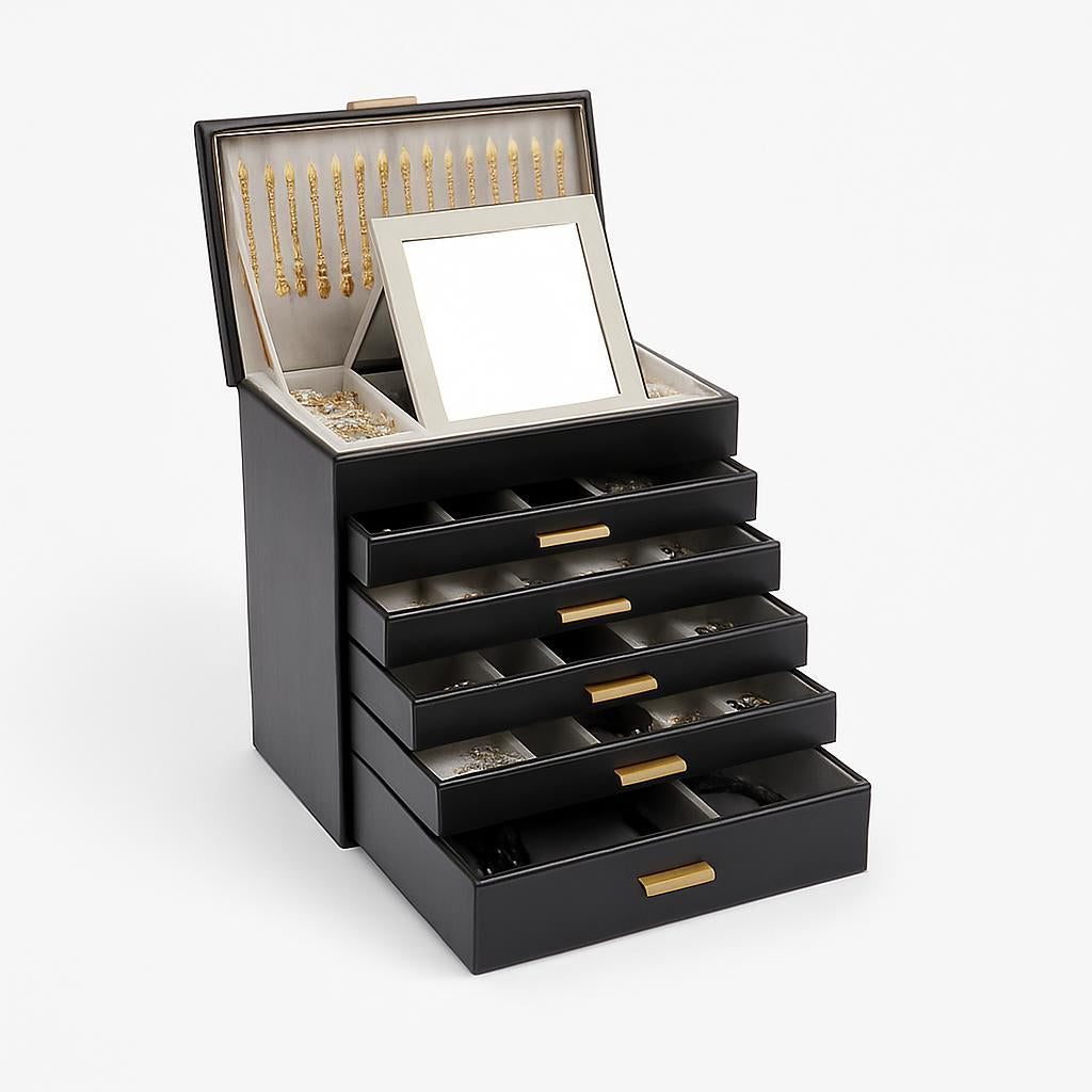Boîte à Bijoux 5 Tiroirs et Miroir Pratique