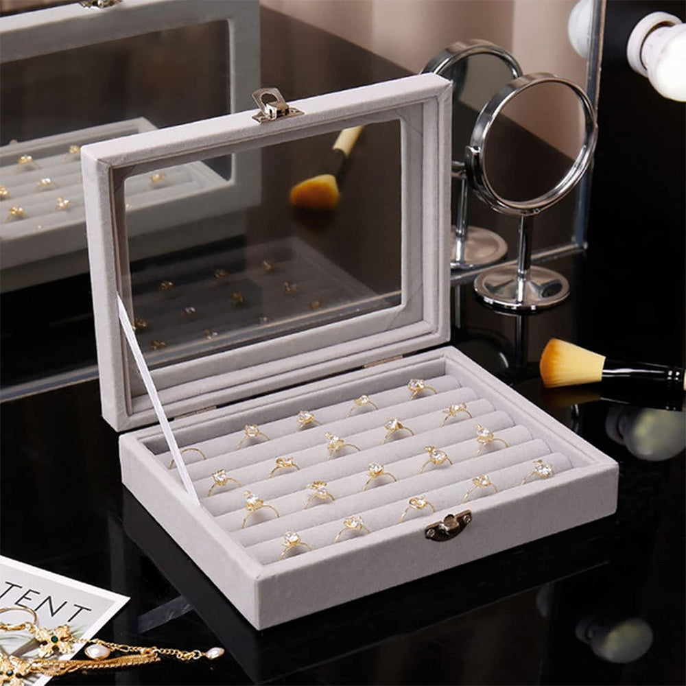 Boîte à Bijoux Velours pour Bagues - Couvercle Transparent
