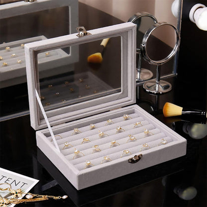 Boîte à Bijoux Velours pour Bagues - Couvercle Transparent
