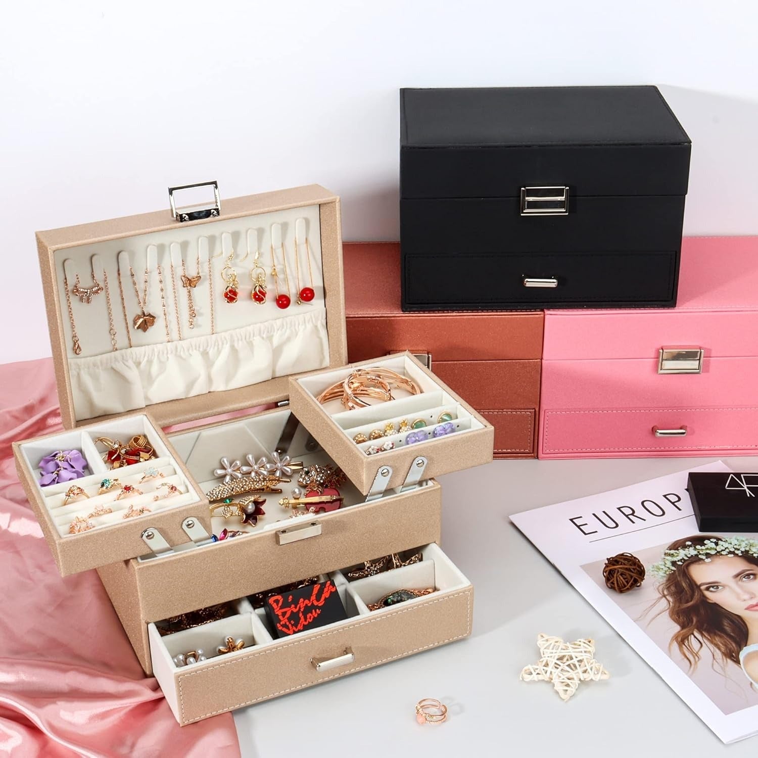 Boîte à Bijoux Cuir Multi-Rangements Sécurisée