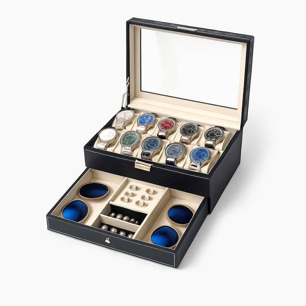 Boîte à Montres 12 Slots et Tiroir Bijoux Sécurisé