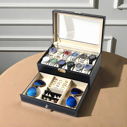 Boîte à Montres 12 Slots et Tiroir Bijoux Sécurisé