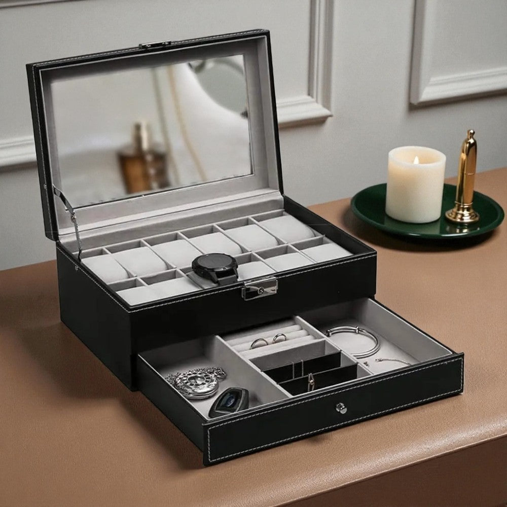 Boîte à Montres 12 Slots et Tiroir Bijoux Sécurisé