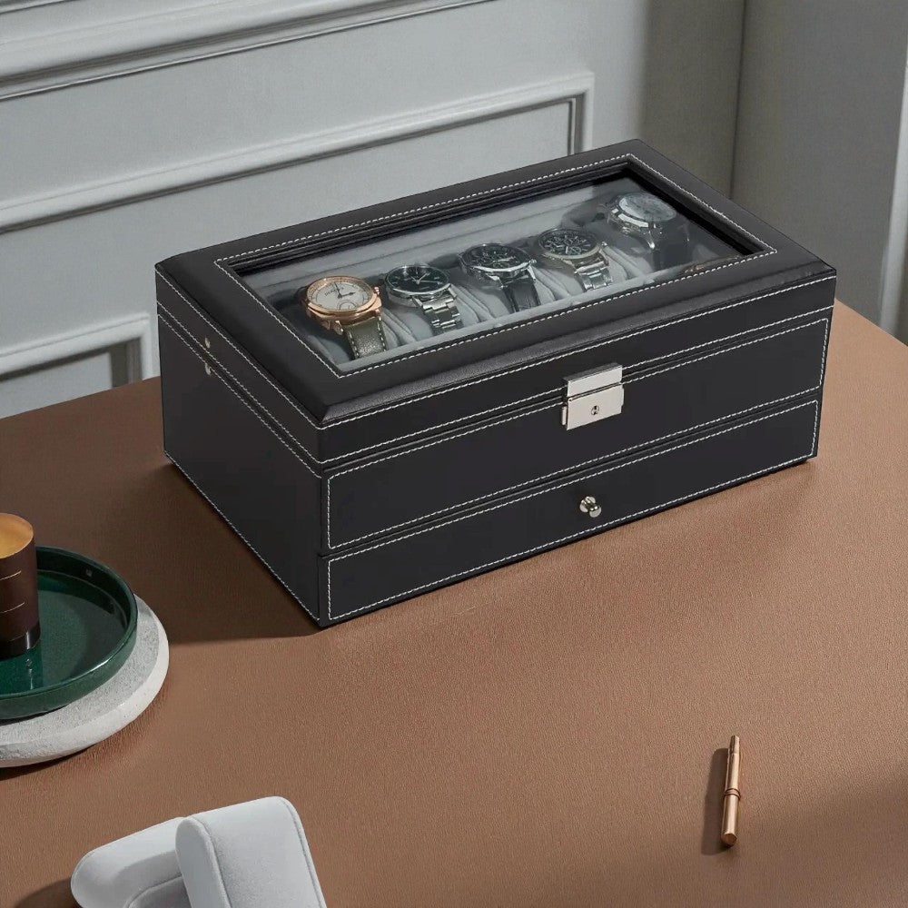 Boîte à Montres 12 Slots et Tiroir Bijoux Sécurisé