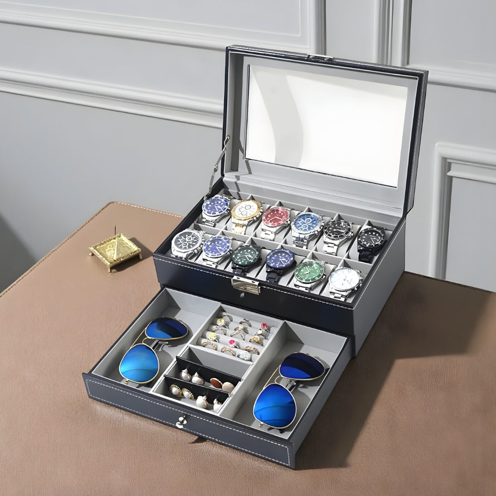 Boîte à Montres 12 Slots et Tiroir Bijoux Sécurisé
