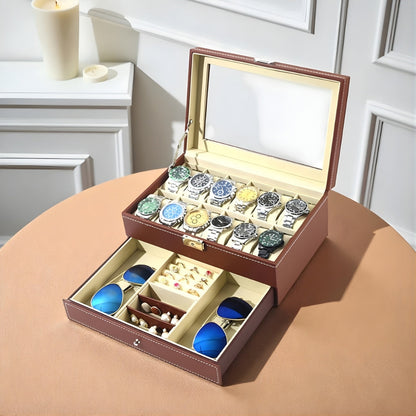Boîte à Montres 12 Slots et Tiroir Bijoux Sécurisé