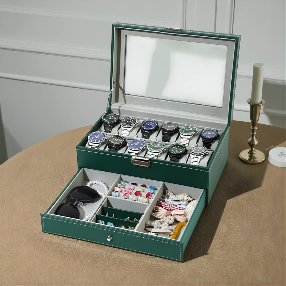 Boîte à Montres 12 Slots et Tiroir Bijoux Sécurisé