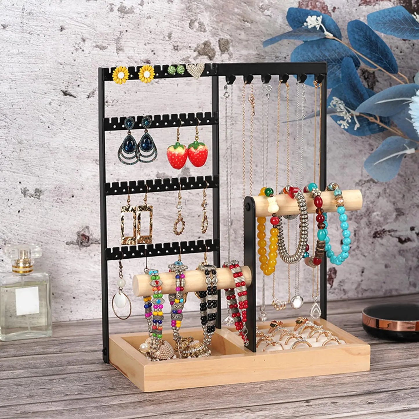 Porte Bijoux Bois Métal - Rangement Multi-Niveaux