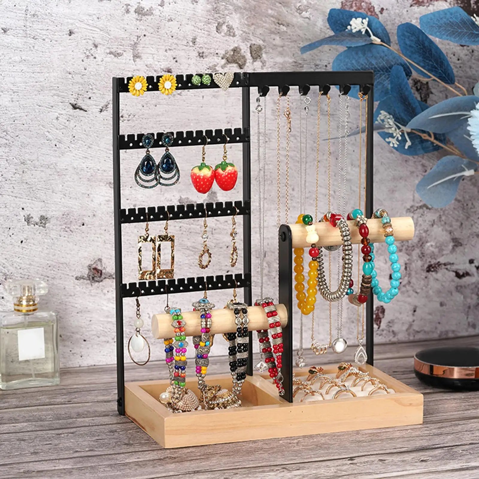 Porte Bijoux Bois Métal - Rangement Multi-Niveaux