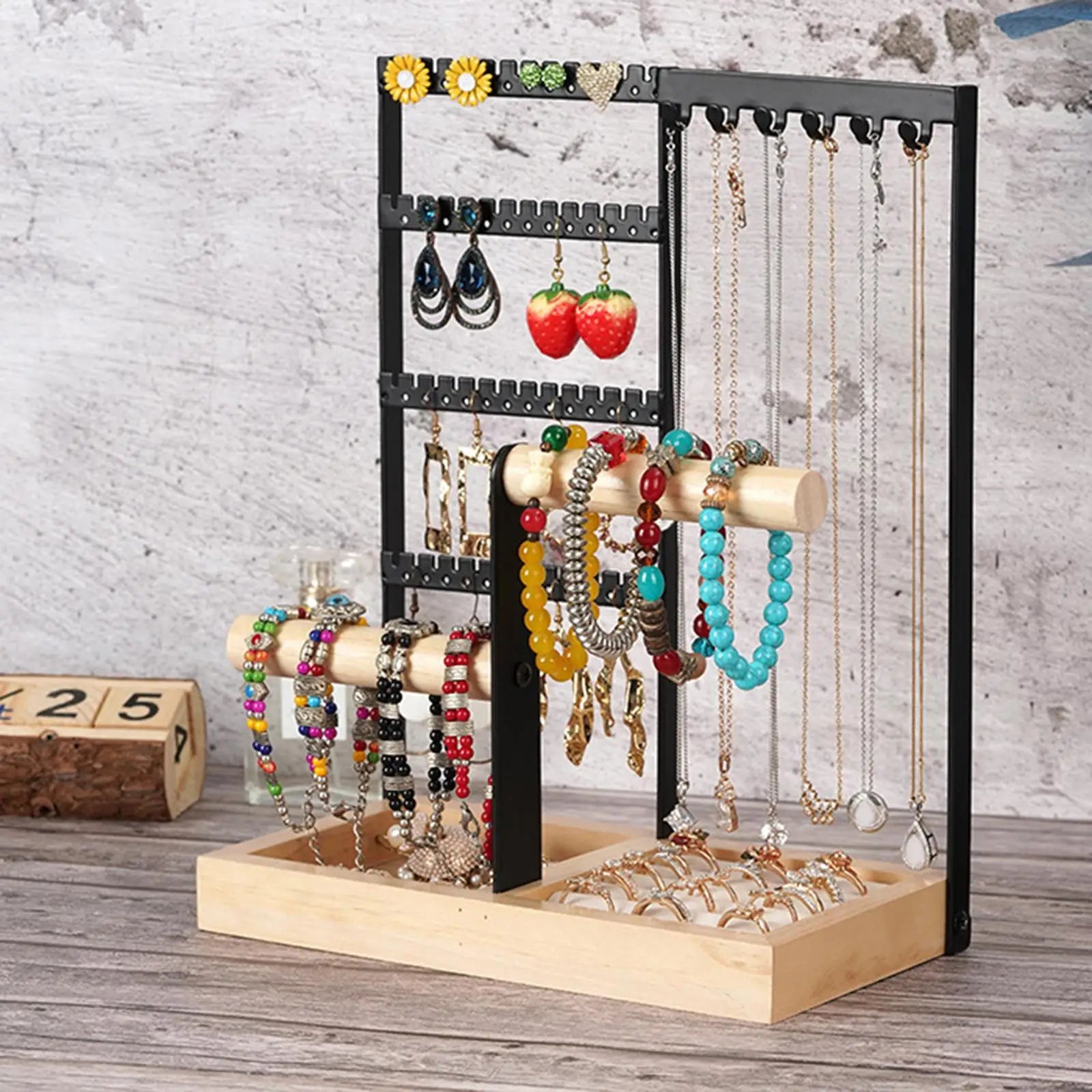 Porte Bijoux Bois Métal - Rangement Multi-Niveaux